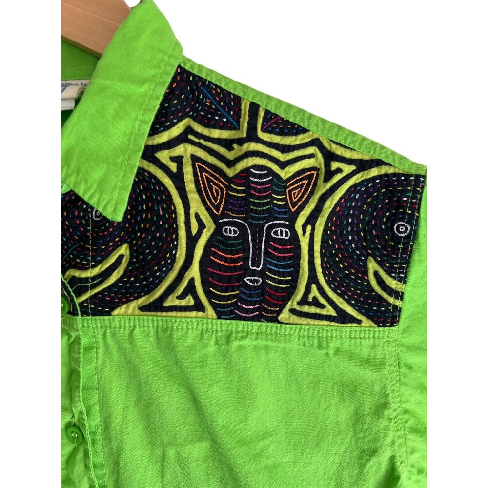 Funky green embroidered vintage Panama shirt size S Small - Picture 2 of 5